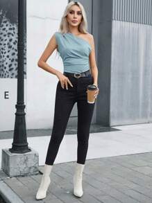 Aveloria Modichic Women's Solid Color Minimalist Oblique Shoulder Casual Top - Blue - View 6