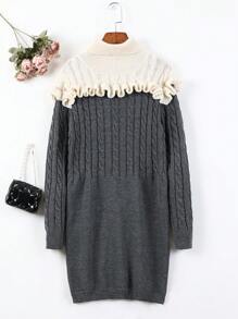 青少年女孩雙色荷葉邊麻花編織毛衣洋裝不附腰帶 - 深灰色 - 查看 2