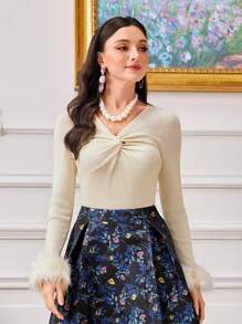 Modelyn Twist Front Fuzzy Cuff Sweater Knit Pullover Fall Winter Outfit - Apricot - View 3