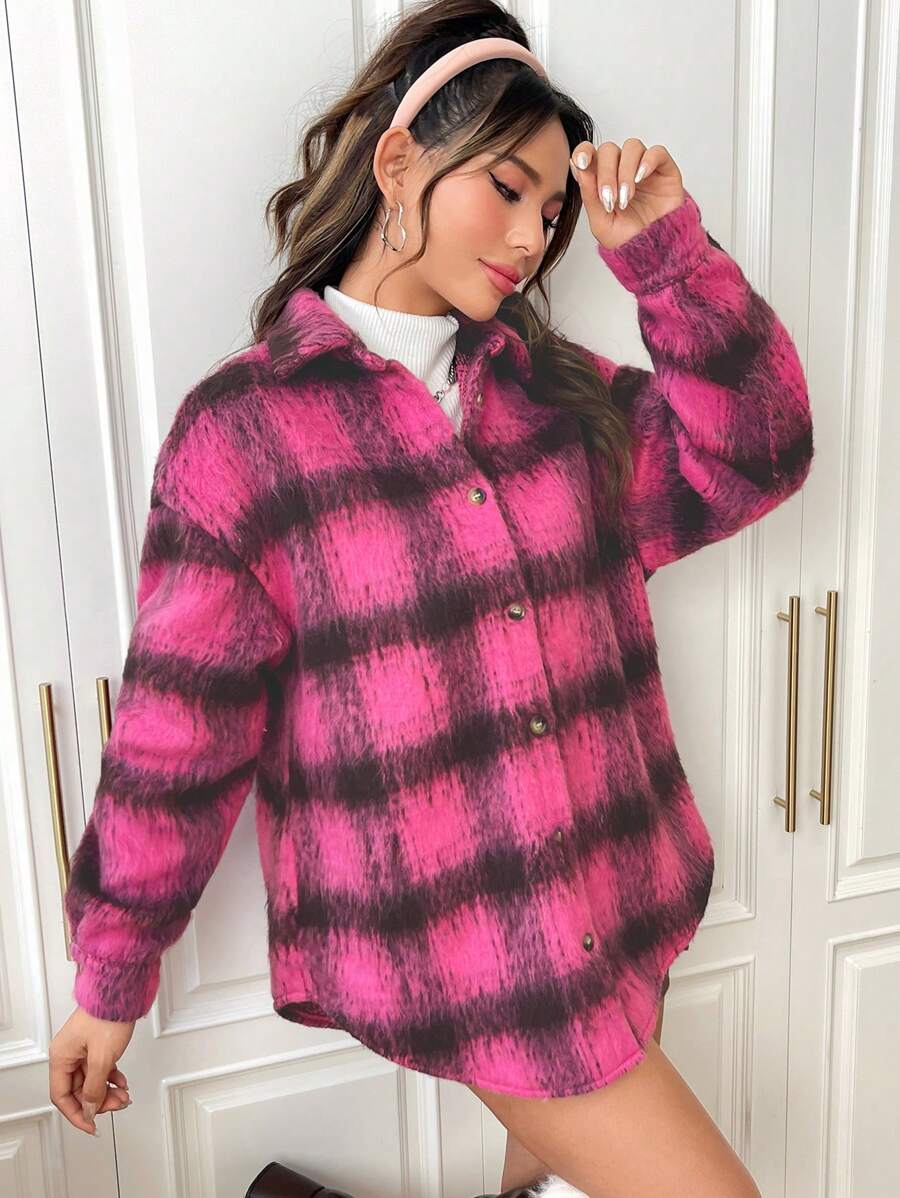 SHEIN EZwear Women's Plaid Woolen Jacket - Multicolor - View 1