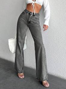 SHEIN Cottnline جينز نسائي بالساق المستقيمة - رمادي غامق - مشاهدة 1