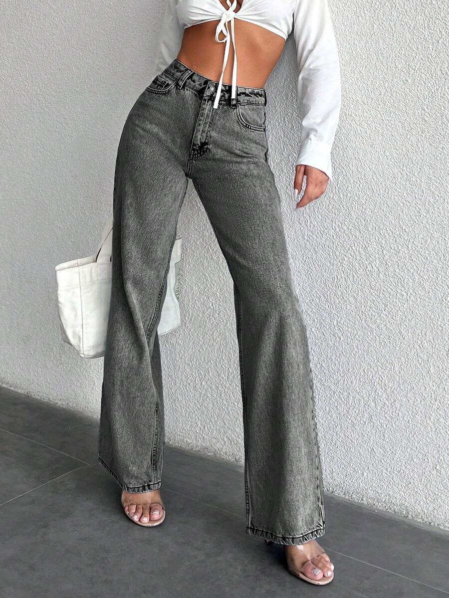SHEIN Cottnline جينز نسائي بالساق المستقيمة - رمادي غامق - مشاهدة 1