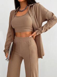 EURMUSE Solid Button Front Shirt & Top-stitching Trousers - Mocha Brown - View 5