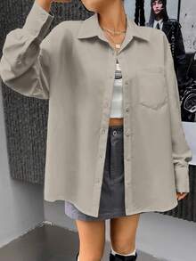 SHEIN EZwear 落肩袖口袋貼布落肩袖襯衫 - 杏色 - 查看 6