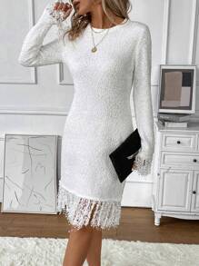 SHEIN Clasi Fringe Trim Sweater Dress - White - View 6