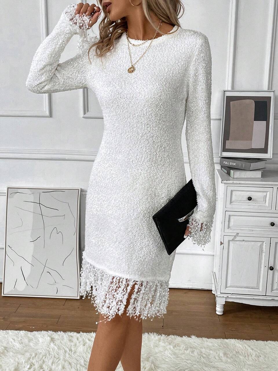 Fringe Trim Sweater Dress