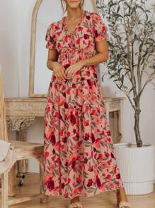 Vestido Longo de Festa Casual Boêmio Feminino de Manga Curta com Gola em V e Franzido com Estampa Floral - Vermelho - Visão 6