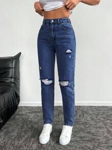 SHEIN Cottnline High Waist Ripped Mom Fit Jeans - Medium Wash - View 4