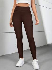 SHEIN Essnce Flap Pocket Side Wideband Waist Pants - Coffee Brown - View 4