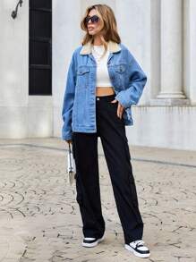 EURMUSE Borg Collar Drop Shoulder Denim Jacket - Blue - View 5