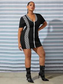 SHEIN SXY Plus Checker Print Zip Up Bodycon Dress - Black and White - View 6