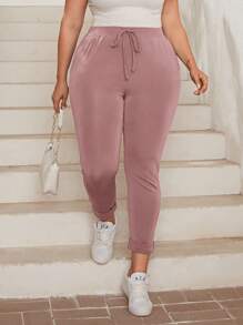 SHEIN Essnce Plus Drawstring Waist Slant Pocket Pants - Dusty Pink - View 6
