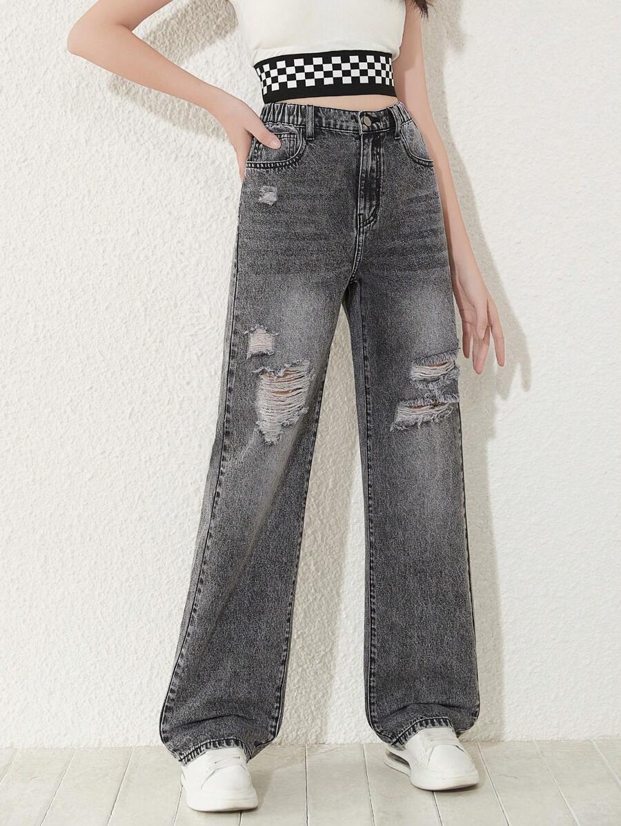 Teen Girl Ripped Straight Leg Jeans - Grey - View 1
