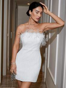 EURMUSE Fuzzy Trim Sequin Tube Dress - White - View 5