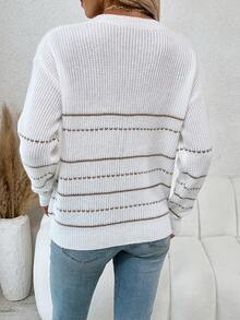 SHEIN LUNE 條紋圖案落肩袖套頭毛衣 - 白色 - 查看 2