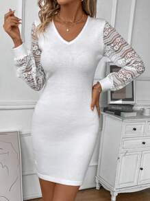 SHEIN Clasi Của phụ nữ Dệt kim Đầm Với Ren - trắng - Xem 5