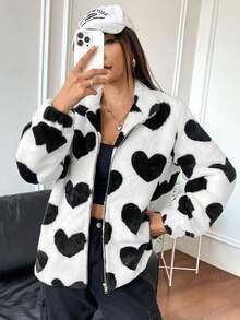 SHEIN Unity 愛心圖案拉鍊絨毛外套 - 黑與白 - 查看 5