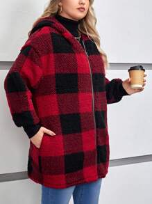 SHEIN LUNE Áo khoác trùm đầu in họa tiết kẻ caro vai trễ của Plus Buffalo, mùa đông - Màu Đỏ Sâu - Xem 3