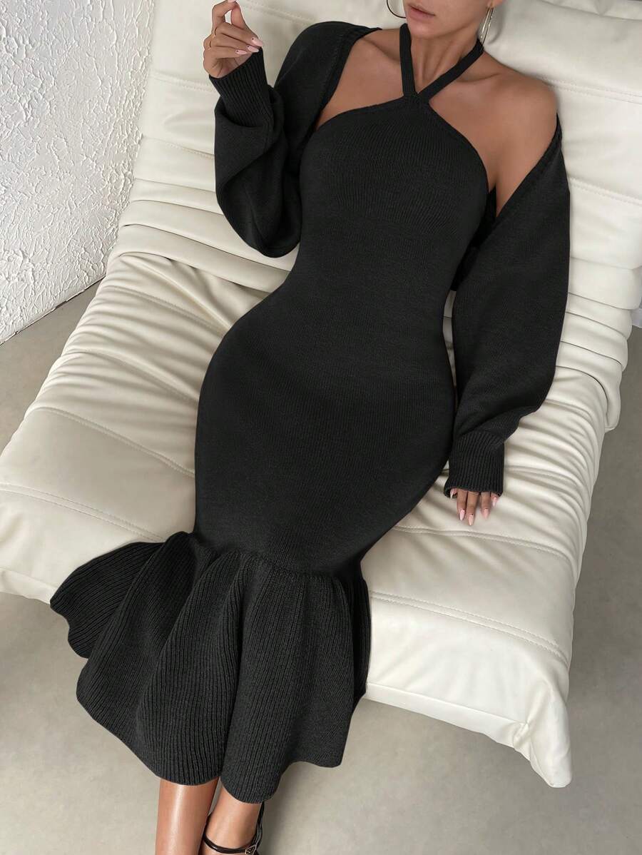 SHEIN Privé Halter Neck Mermaid Hem Sweater Dress & Drop Shoulder Cardigan - Black - View 1