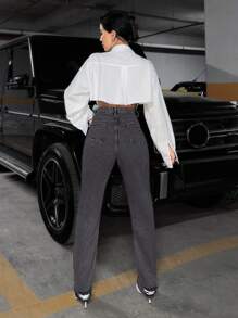 EURMUSE Slant Pocket Straight Leg Jeans - Grey - View 2