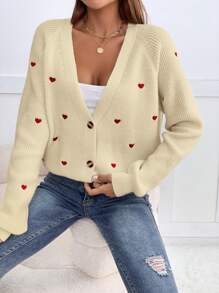 SHEIN Frenchy Thêu trái tim Tay Raglan Áo len Mở - Màu be - Xem 4