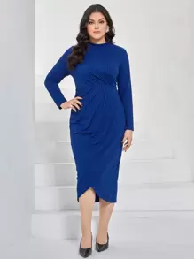 Modelyn Plus Mock Neck Wrap Hem Dress Without Belt - Royal Blue - View 5