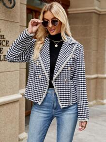SHEIN Frenchy Houndstooth Print Lapel Neck Blazer - Black and White - View 1