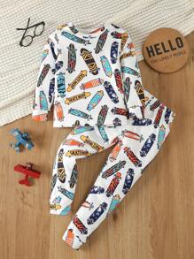 Young Boy Allover Skateboard Print Snug Fit PJ Set - Multicolor - View 1