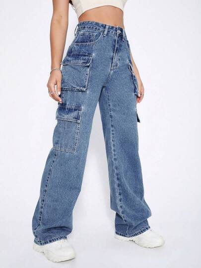 SHEIN ICON Jeans cargo de talle alto con bolsillo con solapa