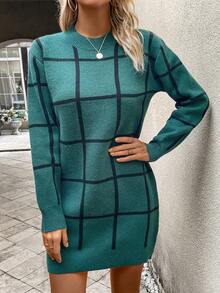 SHEIN Frenchy Plaid Pattern Sweater Dress Without Belt - Dark Green - View 4
