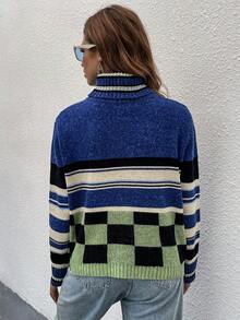 SHEIN Essnce 格紋圖案高領落肩袖套頭毛衣 - 藍色 - 查看 2