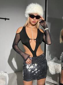 SHEIN ICON Cut Out Contrast Mesh Cold Shoulder Bodysuit - Black - View 6