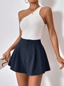 SHEIN Essnce Solid Slant Pocket Wide Leg Shorts - Navy Blue - View 6