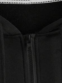 SHEIN EZwear Slogan & Figure Graphic Zip Up Thermal Lined Drawstring Hoodie - Black - View 3