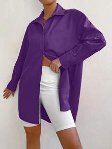 SHEIN EZwear Chất rắn Nút phía trước Vá Túi Áo sơ mi - Màu tím - Xem 6