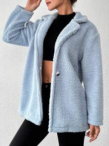 RueChic Single Button Teddy Jacket With Suit Collar - Blue - View 1