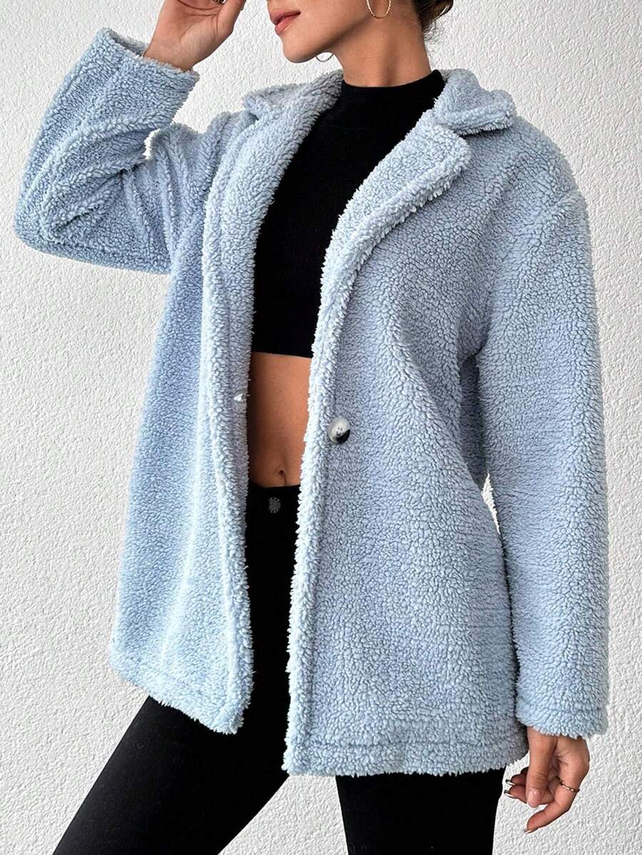 RueChic Single Button Teddy Jacket With Suit Collar - Blue - View 1