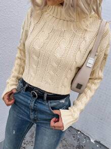 SHEIN Frenchy Turtleneck Cable Knit Drop Shoulder Sweater - Apricot - View 1