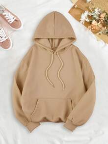 SHEIN EZwear 標語圖案抽繩加絨內裏連帽衫 - 卡其色 - 查看 2