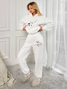 EURMUSE Heart Embroidery Drop Shoulder Teddy Hoodie & Pants - White - View 4