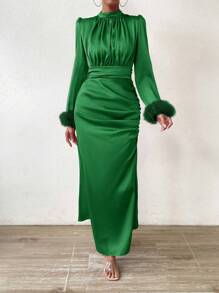 Chiquease Vestido de peluche puño fruncido - Verde - Ver 1