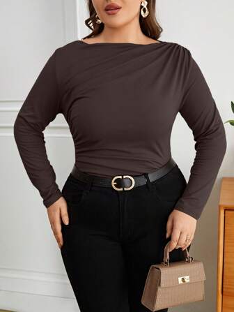 SHEIN Privé Plus Enfärgat Båtkrage Rynkad T-Skjortor