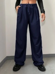 SHEIN Coolane 腰部抽繩闊腿褲 - 藏蓝色 - 查看 4