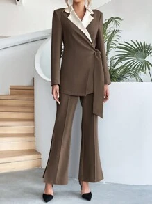 Firerie 拼接邊側打結西裝外套&下擺開叉長褲 - 咖啡棕 - 查看 4
