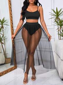 SHEIN SXY 素色吊帶短上衣和網紗覆蓋半身裙 - 黑色 - 查看 5