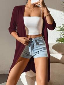 SHEIN Privé 纯色休闲设计开衫 - 酒紅色 - 查看 3