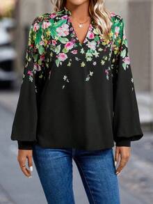 EMERY ROSE Floral Print Notched Neckline Lantern Sleeve Blouse - Black - View 6