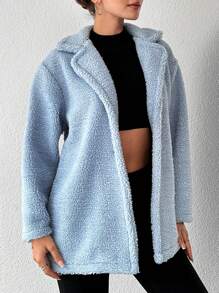 RueChic Single Button Teddy Jacket With Suit Collar - Blue - View 5