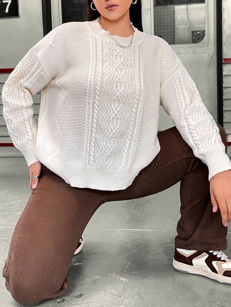 Plus Cable Knit Drop Shoulder Sweater Knit Pullover Fall Winter Sweater
