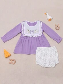 2入組嬰兒女孩優雅的花卉刺繡白色圓領上衣和波點短褲套裝,適用於假期和送禮